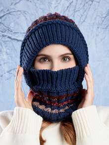 1 pieza Gorro de invierno para mujer con bufanda y mascarilla facial todo en uno, forro térmico, protección para orejas, para montar, a prueba de viento - Multicolor - Ver 8