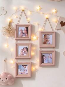 1pc Pink Hanging Photo Frame, Suitable For Displaying Mother And Baby Commemorative Photos, Decorative Frame For Displaying Multiple 4x4 Inch Square Photos, Creative Wall Decor For Baby Room, Storage And Display Of Children's Commemorative Photos, Single Frame Without Photos - Multicolor - View 2
