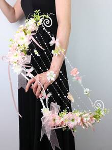 1pc Bohemian Style Bow-Shaped Creative Handheld Bouquet, Pink And White Floral Mesh Ribbon Pearl String, Forest Theme Wedding Photography Prop - Multicolor - View 4