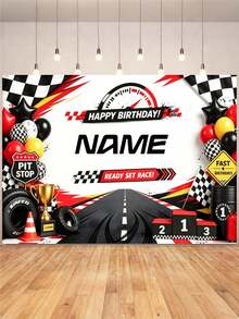 Customizable Name Cool Racing Championship Winner Happy Birthday Banner Black & White Checkered Flag Balloon Tire Oil Drum Trophy Design, Suitable For Racing Car Birthday Party, Wall Decoration, Photo Backdrop, Vinyl Banner Prop - Black - View 2