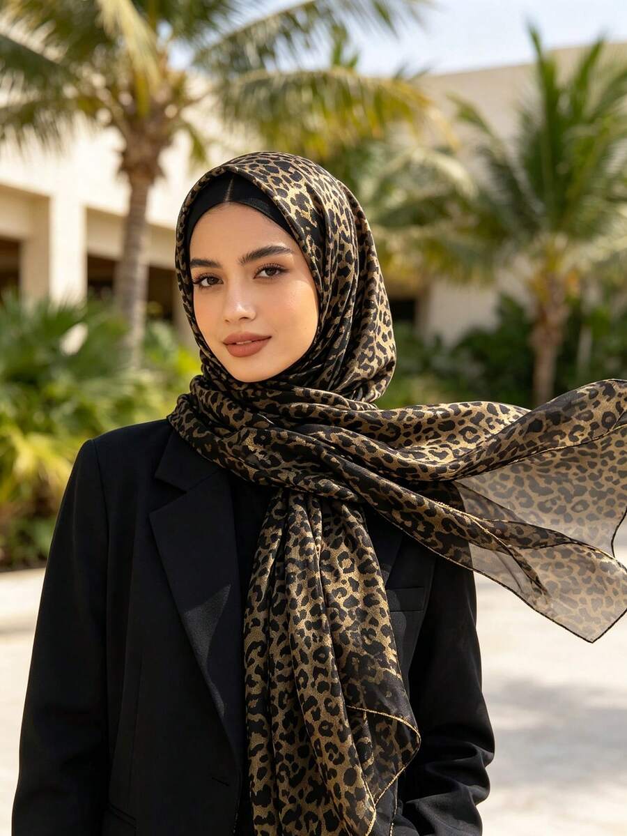 1pc Pearl Chiffon Leopard Print Scarf With Gold Foil, Large Shawl Headscarf - Multicolor - View 1