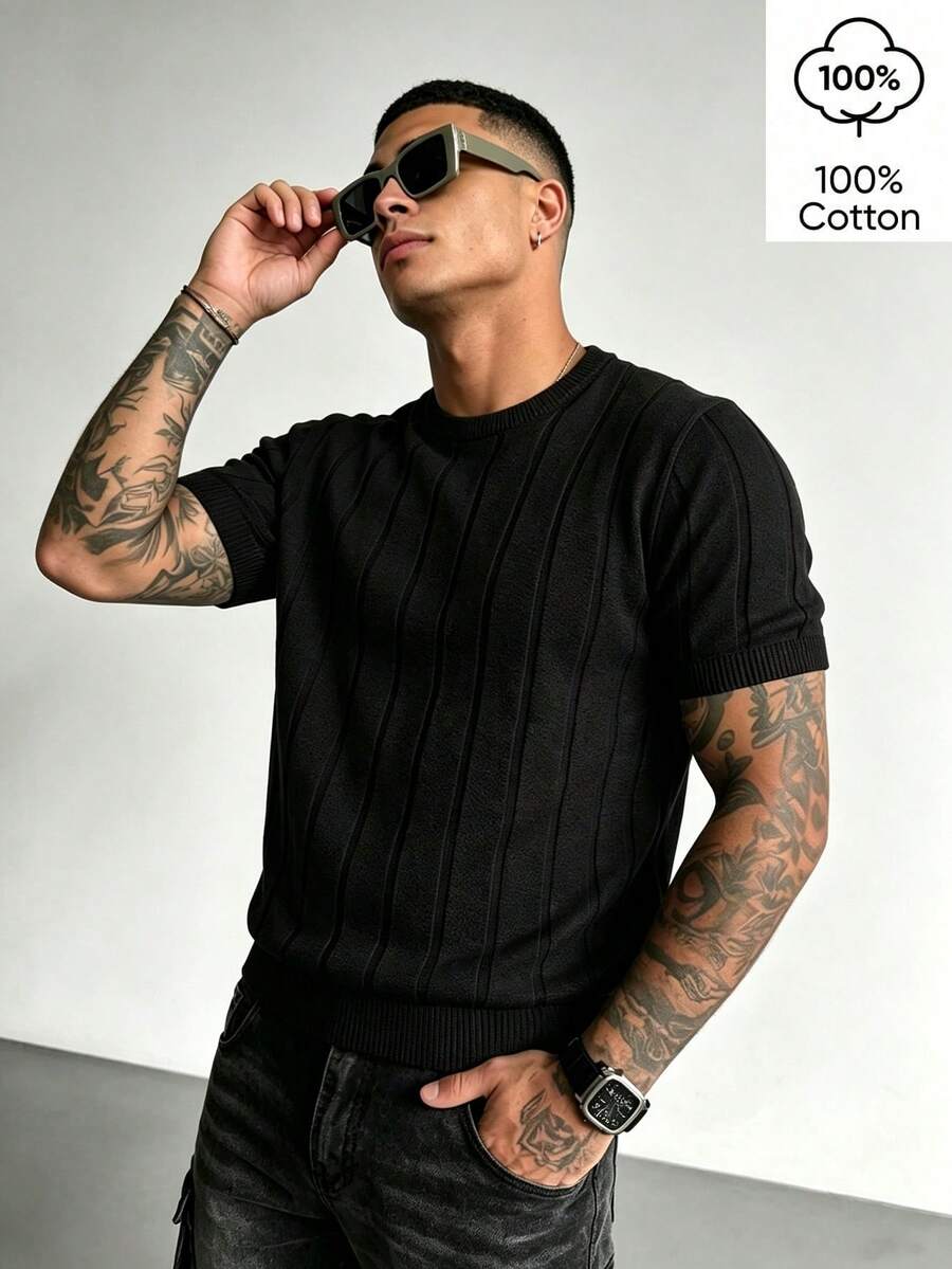 WAIT HIM 100% Cotton Men's Casual Spring/Summer Solid Color Knit Short Sleeve Top - Black - View 1