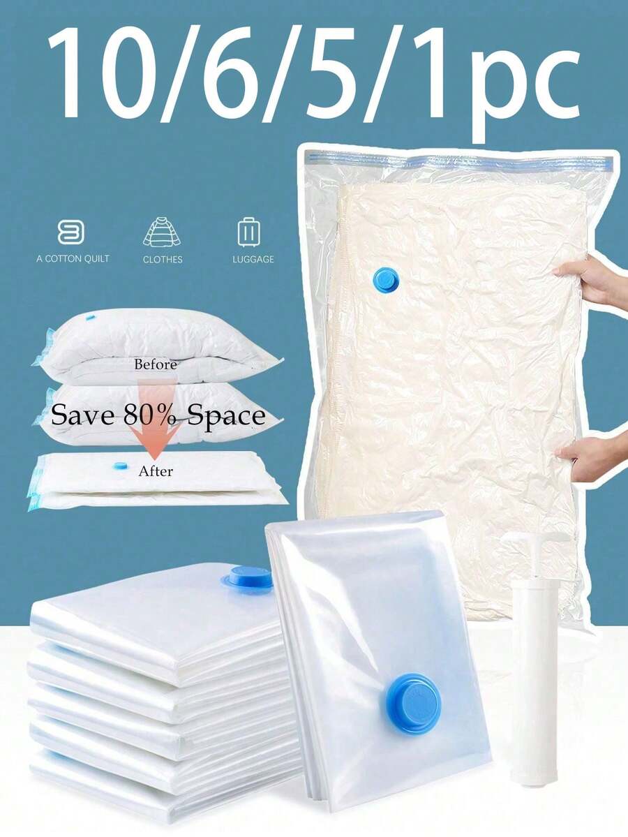 10個/1個真空透明高品質壓縮收納袋，適用於旅行必需品、衣物、床上用品、毛毯，易於攜帶，附氣泵壓縮袋組，無需用電。裝飾、節日裝飾、房間裝飾、家居裝飾、臥室裝飾、洋裝、長褲、鞋子、牛仔褲、靴子、裙子、臥室、收納與整理、家居收納、女款白色T恤、女款黑色長褲、女款冬季衣物、洋裝。