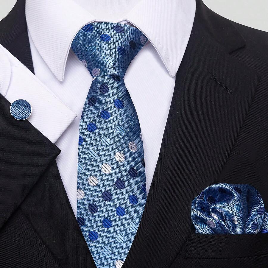 AlanKing 3pcs Men's Striped & Polka Dot Tie, Pocket Square, Cufflinks Set, Suitable For Business, Work, Family Gatherings - Color Mixing - View 1
