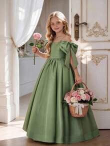 少女薄荷綠蝴蝶結長款優雅公主禮服，適合女孩生日派對、婚禮花童裙、鋼琴演奏、晚宴派對、奢華晚禮服、復活節、畢業禮服 - 薄荷綠 - 查看 3
