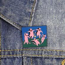 Happy Dancing Cat Badge - Blue And Green Background With Pink Cat And Red Bow Enamel Badge. Vintage Art Student Style Collection Badge, Suitable For Collecting. - Pink - View 2