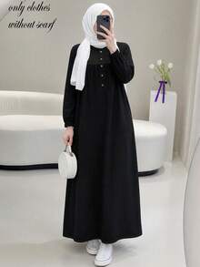Women's Solid Color Round Neck Half-Button Half-Open Lantern Sleeve Long Dress, Casual Elegant All-Season Long Dress Black Fall - Black - View 2