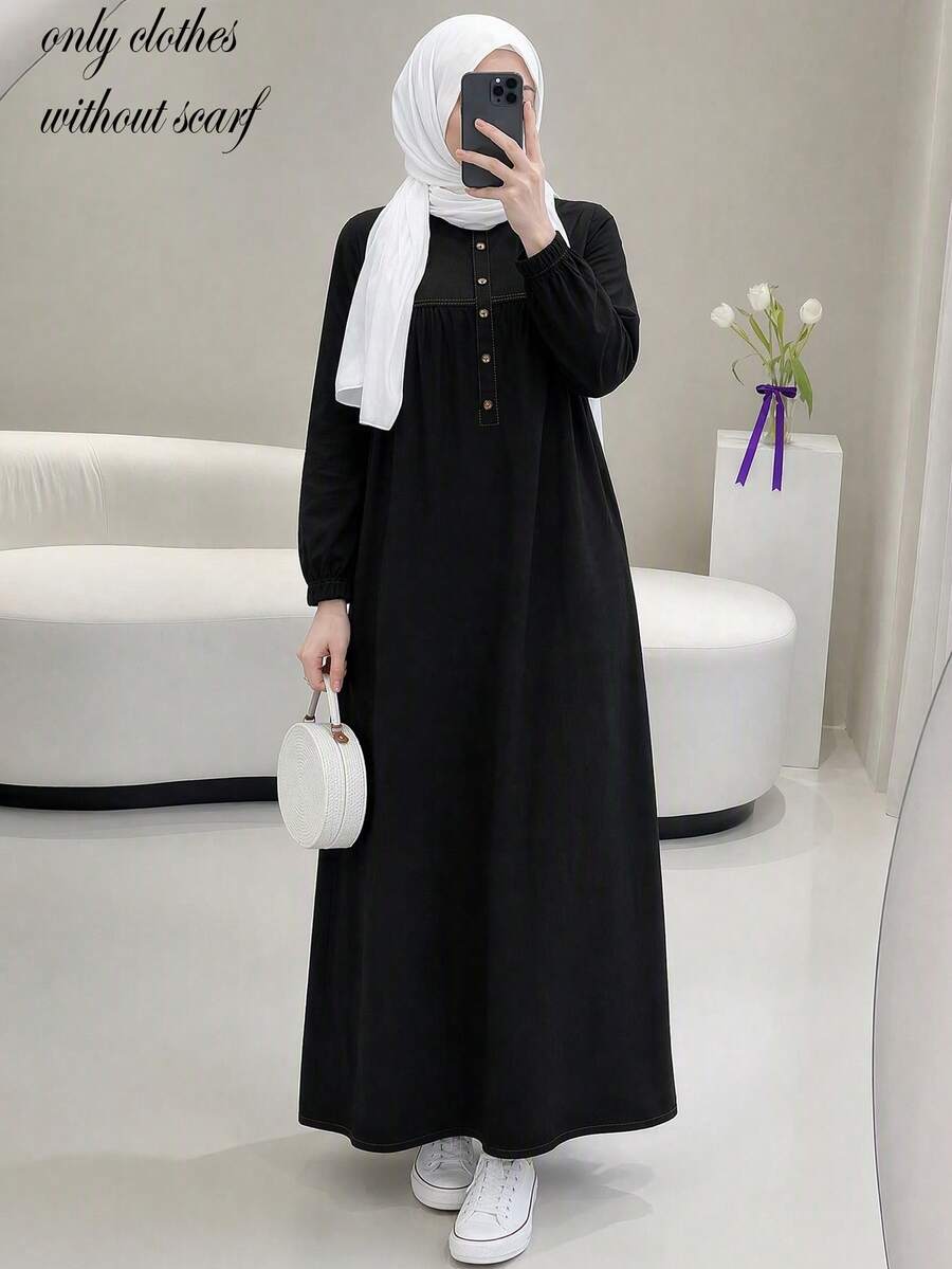 Women's Solid Color Round Neck Half-Button Half-Open Lantern Sleeve Long Dress, Casual Elegant All-Season Long Dress Black Fall