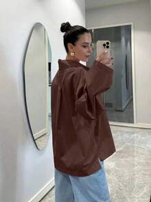女款大尺碼棕色長袖落肩領襯衫 - 棕色 - 查看 3