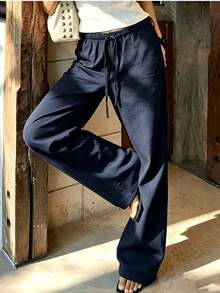Women's Solid Navy Blue Ice Silk Wide Leg Pants, Suitable For Office, Party And Casual Occasions - Lightweight Design, Machine Washable Easy Care, Simple And Versatile, Suitable For Career Women Year-Round Bottoms - Navy Blue - View 1