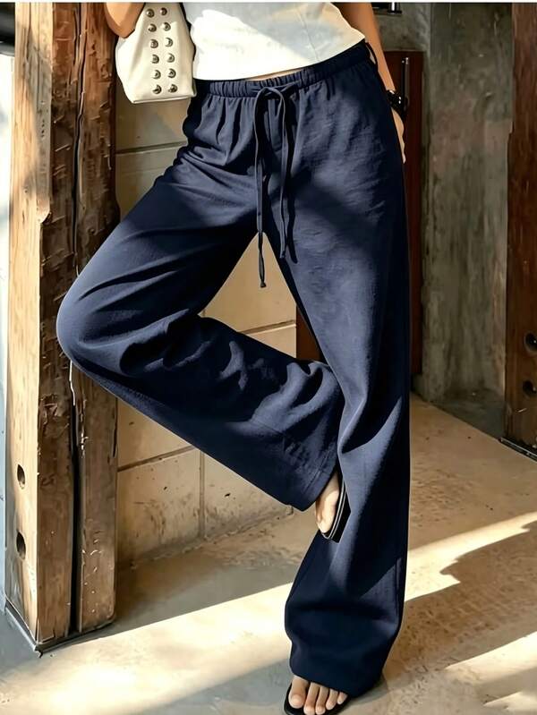 Women's Solid Navy Blue Ice Silk Wide Leg Pants, Suitable For Office, Party And Casual Occasions - Lightweight Design, Machine Washable Easy Care, Simple And Versatile, Suitable For Career Women Year-Round Bottoms