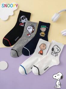 5 Pairs SNOOPY Series Genuine Charlie Brown Puppy Pilot Pattern Fun Personalized Cartoon Women's Mid-Calf Socks - Multicolor - View 4