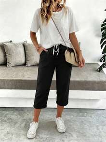 Jisfaneya Women's Plus Size Casual Solid Color Capri Pants, Elastic Waistband Drawstring Pocket Design Black Summer - Black - View 3
