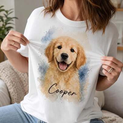 Women Casual Crew Neck Short Sleeve T-Shirt, Custom Watercolor Golden Retriever Puppy Graphic Print Relaxed Fit Soft Tee, Personalized Dog Lover Basic