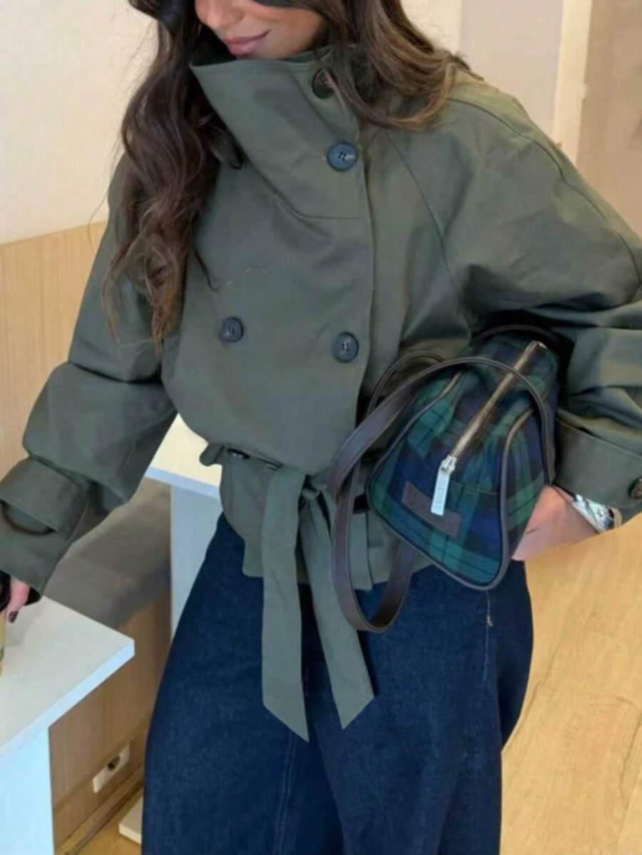 女士纯色梭织双排扣系带宽松军绿色风衣,适合秋冬季穿着 - 軍綠色 - 查看 1