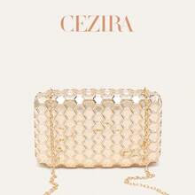 CEZIRA Women's Metal Gold Geometric Honeycomb Pattern ABS Box Clutch Bag, Luxury Designer Crossbody Bag Suitable For Weddings, Banquets, Parties And Dates - Gold - View 2