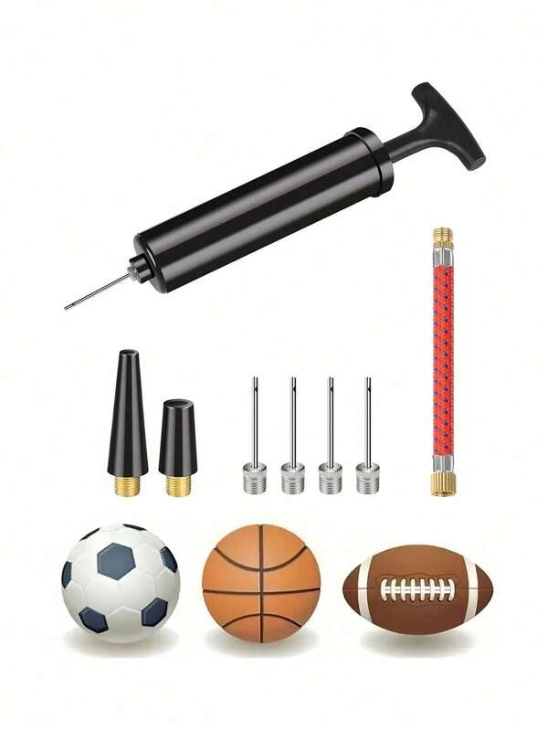 20.32cm Ball Pump Set, Basketball Pump, Portable Air Pump With 5 Needles, 1 Nozzle And Extension Hose, Suitable For Basketball, Football, Rugby, Volleyball, Water Polo, Rugby Sports Balls