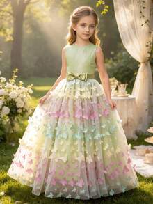 Tween Girl Green Princess Backless Colorful Butterfly Dress, Teens Flower Girl Wedding Party Formal Gown - Green - View 7