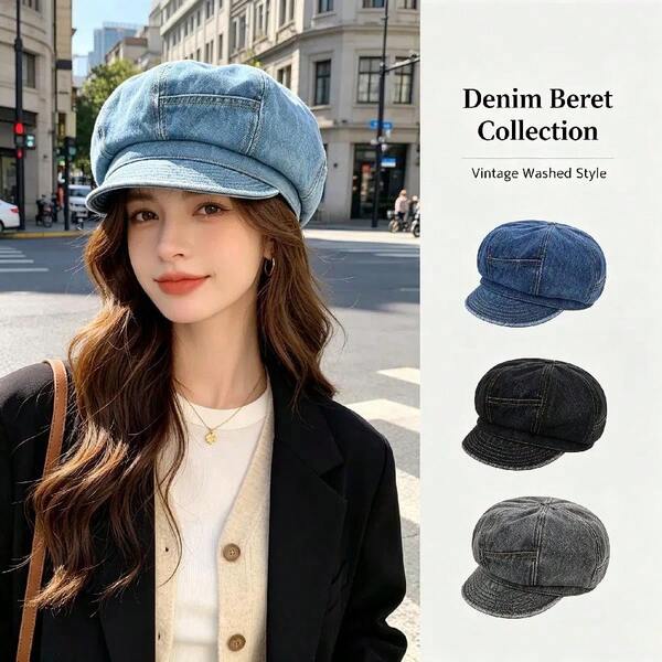 "Women Summer Denim Beret Cap Casual Chic Painter Hat Sun Protection Streetwear Travel Fashion  Headwear"