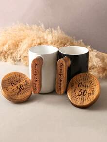 1pc Personalized Coffee Mug, Customized Ceramic Cup With Wooden Handle, Fun Ceramic Cup With Lid, Birthday Gift For Mom, Valentine's Day Gift For Her, Gift For Parents, Friends, Couples, Wedding, Birthday, Anniversary - Multicolor - View 2