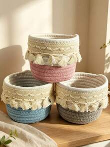 Bohemian Style Woven Tassel Cotton Rope Storage Basket, Handmade Small Desktop Organizer, Decorative Countertop Basket For Cosmetics, Pens, Small Items, Home Vanity Decor - Multicolor - View 6