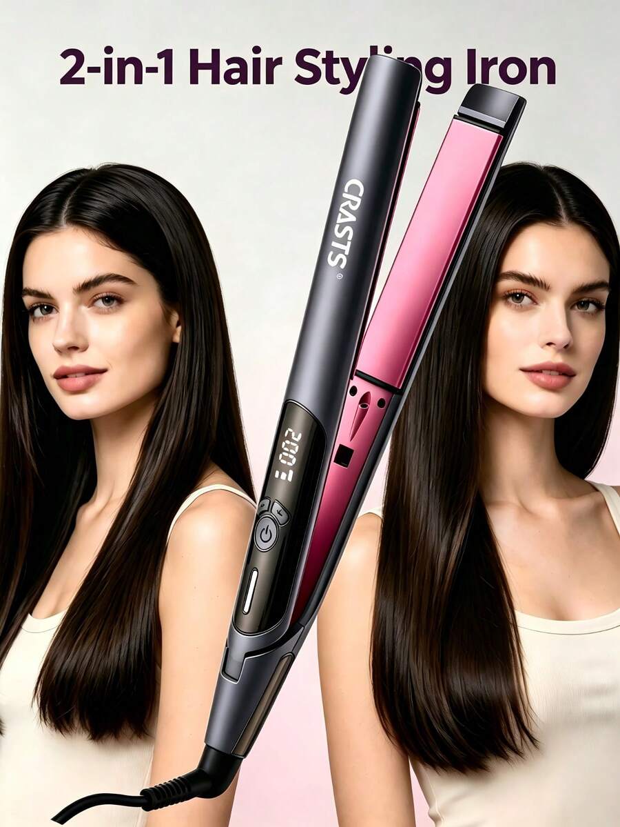 CRASTS Hair Straightener, 2‑In‑1 Flat Iron For Straight & Curly Hairstyles, Ceramic Plates With LCD Digital Display, Adjustable Temperature Professional Hair Styling Iron For Home Salon Use For Women Home Daily Hair Styling
