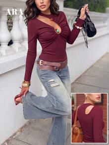 ARA Women Boho Beaded Irregular Cutout Long Sleeve Top, Ribbed Slim Fit Ruched Front Back Hollow Out Cropped Shirt, All Season Vintage Y2K Streetwear - Purple - View 2