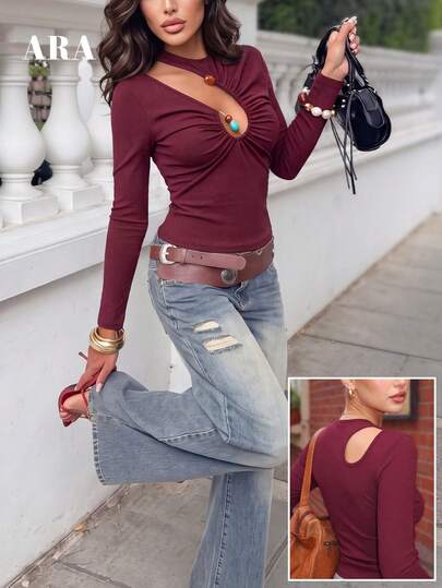 ARA Women Fall Burgundy Long Sleeve Top,Asymmetric Halter Cutout Front With Bead Decor,Back Cut‑Out Ribbed Knit Fitted Slim Blouse For Street GoingOut