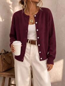 Just Masa Women's Fall Casual Button Front Sweater Cardigan, Solid Color Long Sleeve Round Neck Loose Sweater, For Daily Wear, Going Out, Office Travel, Date - Burgundy - View 9
