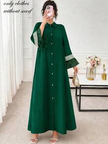 Elegant Autumn Green Long Dress, Collared Front Button Long Sleeve, Ruffle Cuff, Sequin Embroidery Contrast Lace Patchwork, Suitable For Wedding - Dark Green - View 1