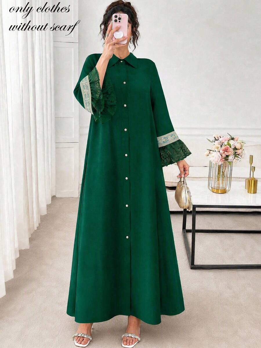 Elegant Autumn Green Long Dress, Collared Front Button Long Sleeve, Ruffle Cuff, Sequin Embroidery Contrast Lace Patchwork, Suitable For Wedding - Dark Green - View 1
