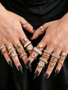10/20pcs Women's Ring Set, Random Styles, Stainless Steel 18K Gold Plated, Rhinestone Inlaid, Stackable Rings, Daily Women's Jewelry - Yellow Gold - View 1
