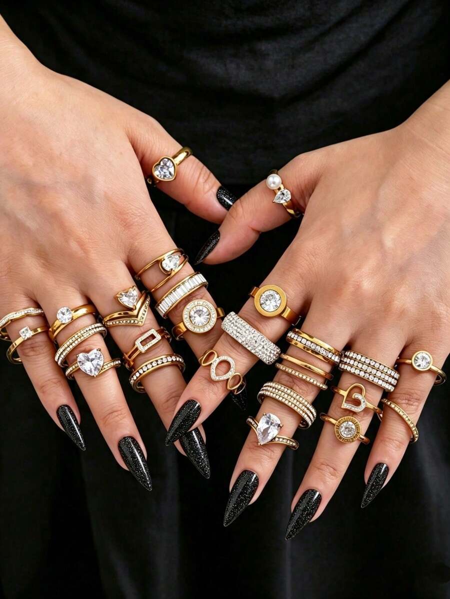 10/20pcs Women's Ring Set, Random Styles, Stainless Steel 18K Gold Plated, Rhinestone Inlaid, Stackable Rings, Daily Women's Jewelry - Yellow Gold - View 1