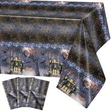 1pc/3pcs Mysterious Dark Castle Bat Print Disposable Plastic Tablecloth, Strong Atmosphere, Suitable For Halloween Theme Party, Mystery Game Gathering, Dark Theme, Birthday Party, Outdoor Dining Tablecloth Decoration 137*274cm - Multicolor - View 8