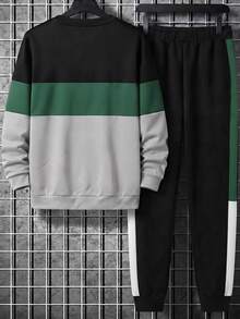 Men's Plus Size Crew Neck Long Sleeve Pullover Sweatshirt Set, 3-Color Contrast Striped Casual 2-Piece Outfit - Multicolor - View 4