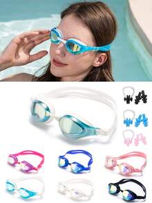 Adult Unisex High Definition Colorful Swimming Goggles With Adjustable Elastic Strap, Comfortable Fit Pool Training Gear, Includes Nose Clip And Earplugs, Swimming Sports Set - Pink - View 1