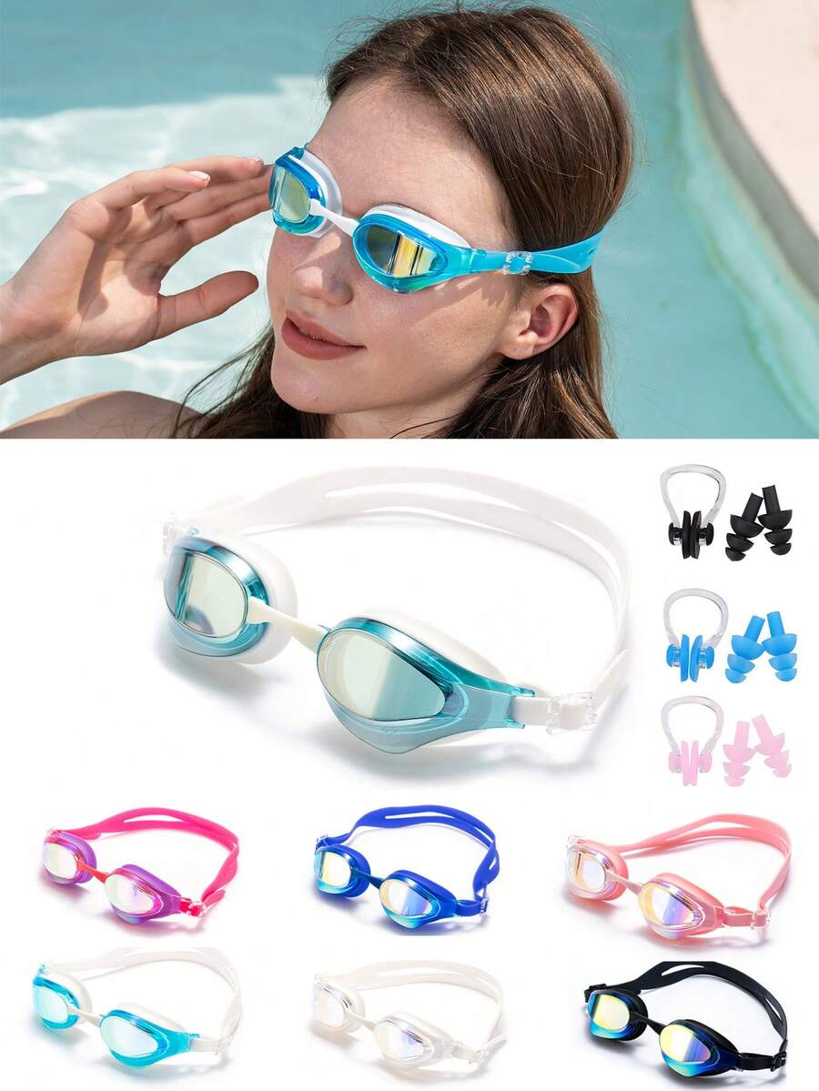 Adult Unisex High Definition Colorful Swimming Goggles With Adjustable Elastic Strap, Comfortable Fit Pool Training Gear, Includes Nose Clip And Earplugs, Swimming Sports Set - Pink - View 1