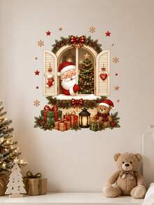1pc Christmas Window Scene Wall Sticker Santa Claus Reindeer Peeking Through Window Christmas Tree Gift Box Holiday Window Decal Cozy Christmas Home Decor Self-Adhesive Removable Waterproof PVC Peel And Stick Wall Sticker For Home Holiday Decoration - Christmas Wall Decals - View 9
