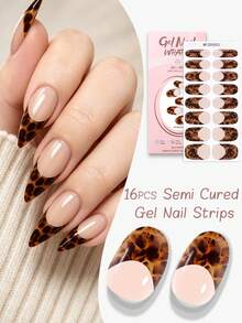 16pcs Leopard Print Semi Cured Gel Nail Strips, Tortoiseshell Brown French Tip Nail Wraps, Long Lasting & Easy To Remove, UV/LED Cure Nails For Women's Parties And Autumn Looks - Brown - View 1