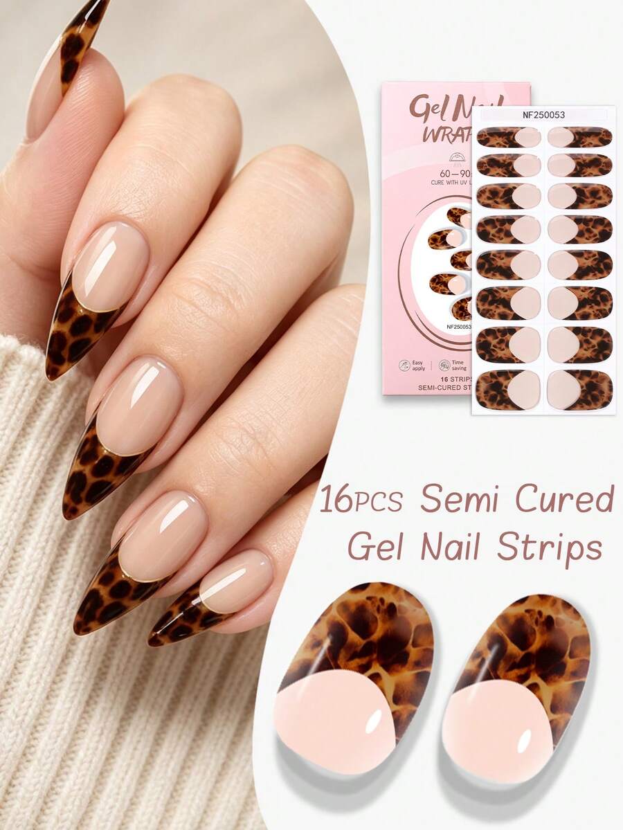 16pcs Leopard Print Semi Cured Gel Nail Strips, Tortoiseshell Brown French Tip Nail Wraps, Long Lasting & Easy To Remove, UV/LED Cure Nails For Women's Parties And Autumn Looks - Brown - View 1