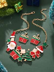 Cring Coco 2PCS/SET Fashion Classic Enamel Christmas Jewelry Set For Woman Accessories Santa Claus Christmas Tree Necklace And Earrings Set Daily Party Prom Gift - Christmas - View 2