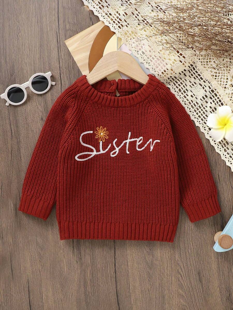 Infant Toddler Round Neck Knitted Sweater Sister Letter & Floral Embroidery Top Girls Vintage Burgundy Raglan Sleeve Back Button Baby Spring Autumn Sweater - Burgundy - View 1