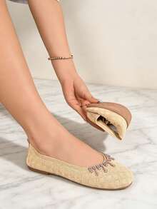 2026 New Tassel Rhinestone Square Toe Slip-On Shoes Soft Sole Low Vamp Women's Shoes For Daily Wear, Dating And Commuting - Apricot - View 2