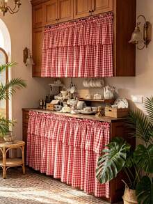 1pc Red Plaid Short Curtain Korean Vintage Style Half-Length Window Curtain Cabinet Curtain Bathroom Small Window Curtain - Multicolor - View 1