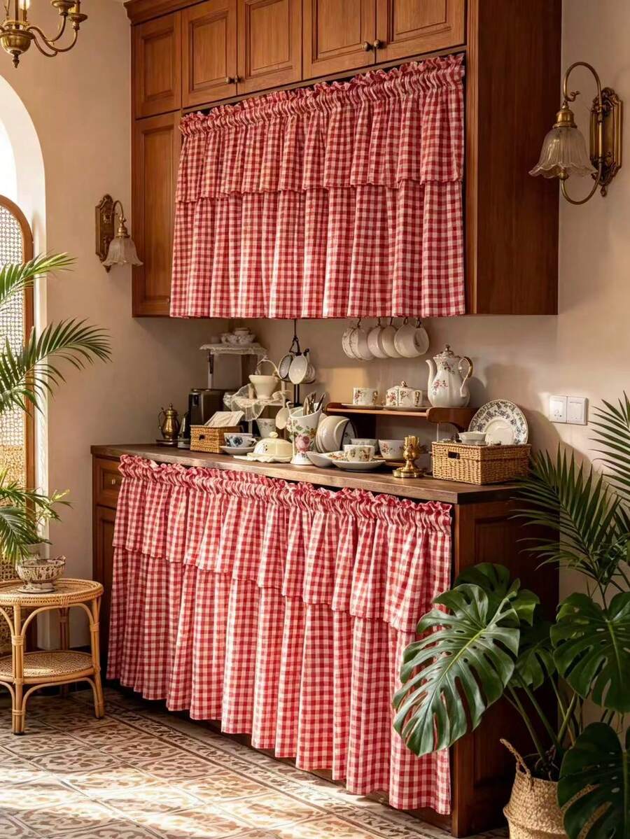 1pc Red Plaid Short Curtain Korean Vintage Style Half-Length Window Curtain Cabinet Curtain Bathroom Small Window Curtain - Multicolor - View 1