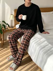 Men's Korean-Style INS Casual Basic Pajama Set, Crew Neck Long Sleeve T-Shirt Top And Plaid Faux Button Long Pants Bottom, 2-Piece Loungewear Set, Suitable For Spring, Autumn, Winter, Can Be Worn Out - Multicolor - View 3