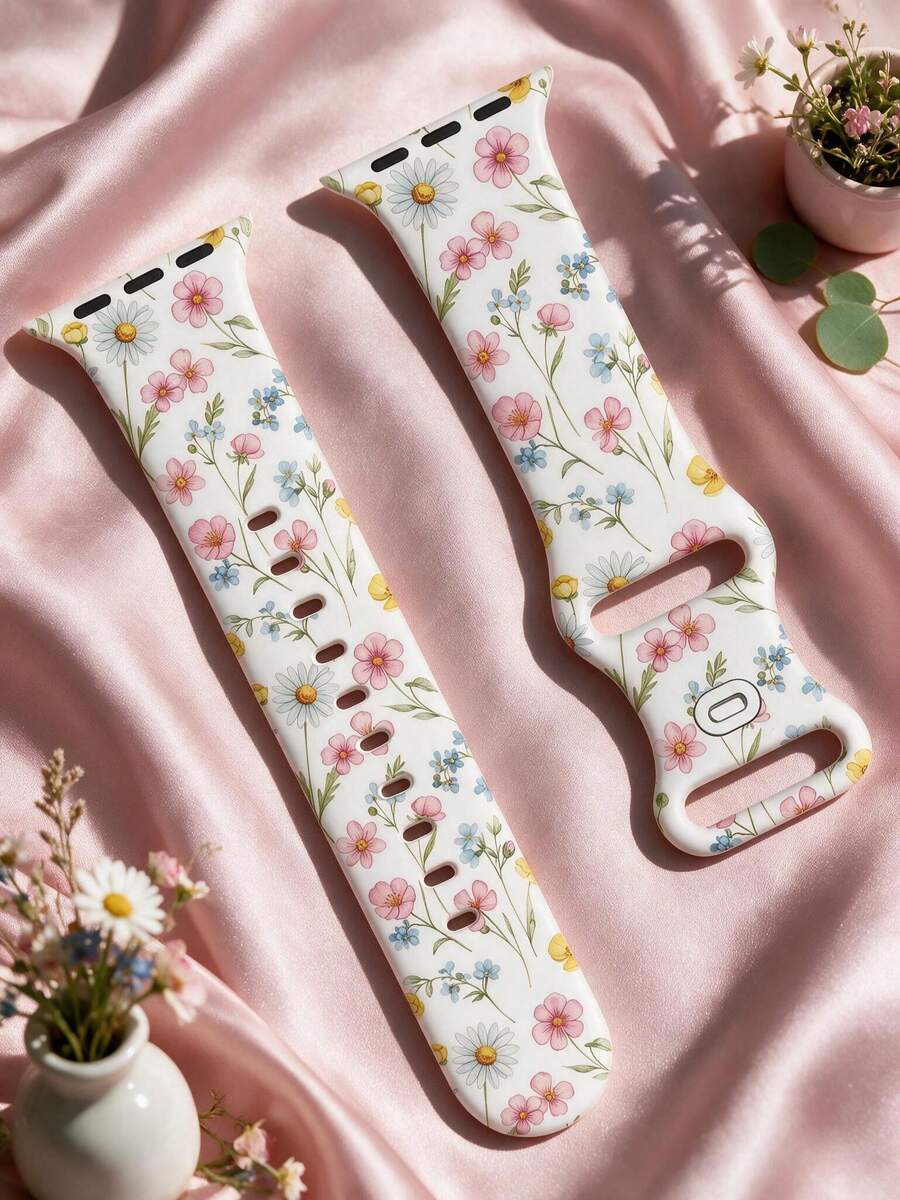 French Country Floral Vintage Oil Painting Print Silicone Watch Band, Compatible With Apple Watch Ultra/11/10/9/8/7/6/5/4/SE, Fits 40mm/41mm/42mm/44mm/45mm/46mm/49mm Sizes, Fashionable Skin-Friendly Waterproof, Rivet Buckle Design, Men's And Women's Daily Sports Casual Smart Watch Band, Essential For Premium Outfit - UV048-multi-color - View 1