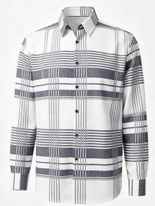 Men's Classic Fashion Elegant Plaid Long Sleeve Shirt, British Style Business Elite Plaid Series, Single-Breasted Turn-Down Collar, Suitable For All Seasons, Random Print - White - View 4
