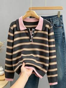 BYGOUBY Women's Spring/Autumn Polo Collar Knitted Cardigan, Fashion Striped Casual Sweater Top, Soft And Comfortable - Pink - View 6