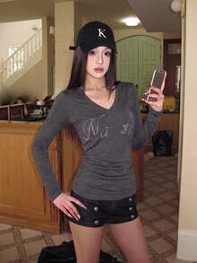 American Style V-Neck Rhinestone Letter Long Sleeve Waist-Cinching Women's Top, Autumn - Dark Grey - View 2